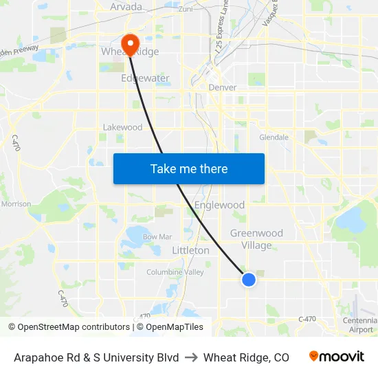Arapahoe Rd & S University Blvd to Wheat Ridge, CO map
