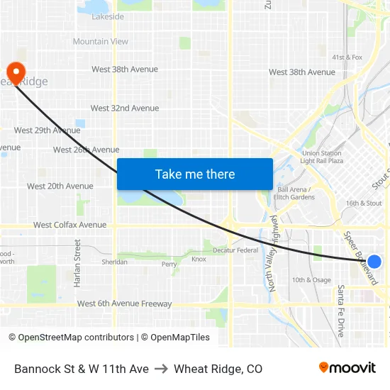 Bannock St & W 11th Ave to Wheat Ridge, CO map