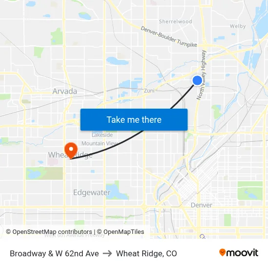 Broadway & W 62nd Ave to Wheat Ridge, CO map