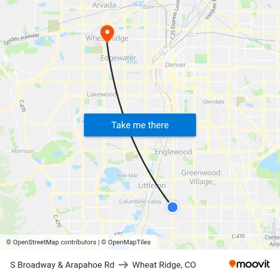 S Broadway & Arapahoe Rd to Wheat Ridge, CO map