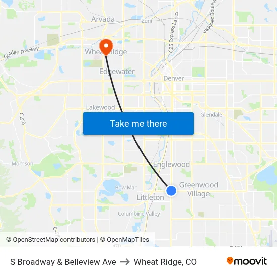 S Broadway & Belleview Ave to Wheat Ridge, CO map