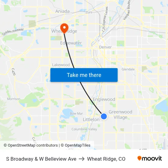 S Broadway & W Belleview Ave to Wheat Ridge, CO map