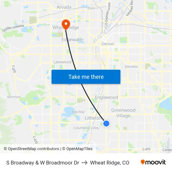 S Broadway & W Broadmoor Dr to Wheat Ridge, CO map