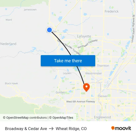 Broadway & Cedar Ave to Wheat Ridge, CO map