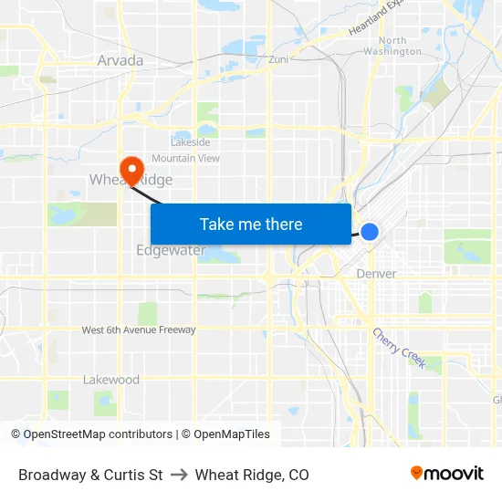 Broadway & Curtis St to Wheat Ridge, CO map
