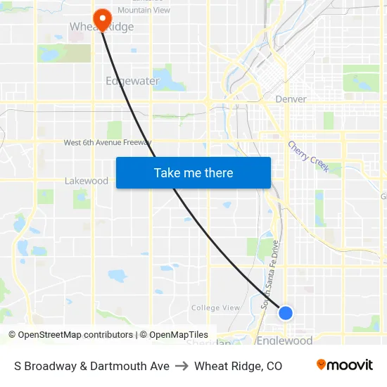 S Broadway & Dartmouth Ave to Wheat Ridge, CO map