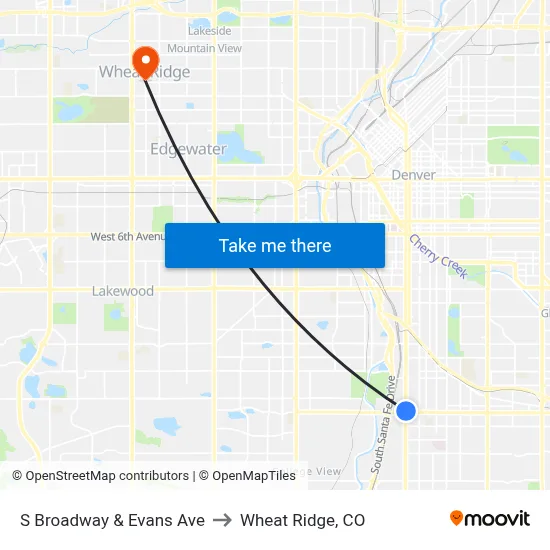 S Broadway & Evans Ave to Wheat Ridge, CO map