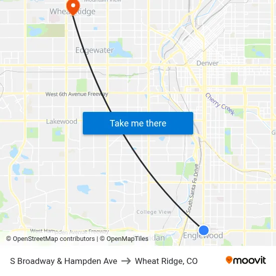 S Broadway & Hampden Ave to Wheat Ridge, CO map