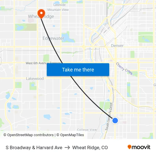 S Broadway & Harvard Ave to Wheat Ridge, CO map