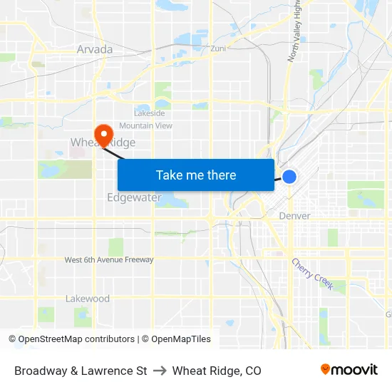 Broadway & Lawrence St to Wheat Ridge, CO map