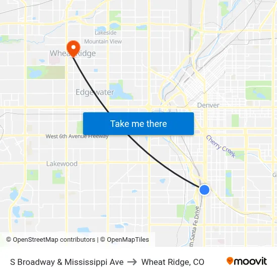 S Broadway & Mississippi Ave to Wheat Ridge, CO map