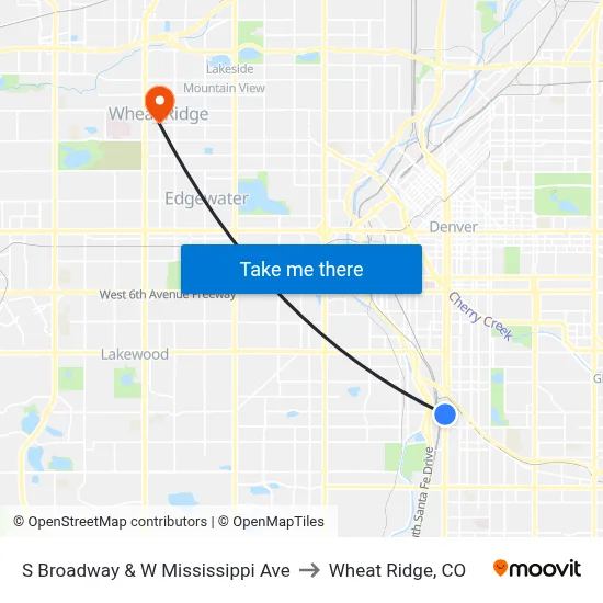 S Broadway & W Mississippi Ave to Wheat Ridge, CO map