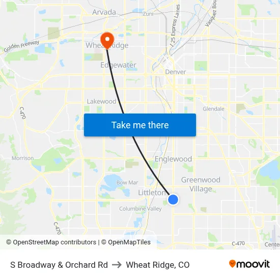 S Broadway & Orchard Rd to Wheat Ridge, CO map