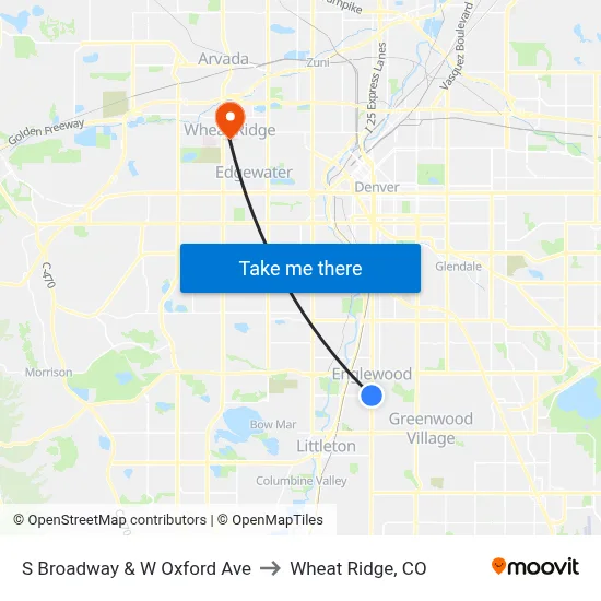 S Broadway & W Oxford Ave to Wheat Ridge, CO map
