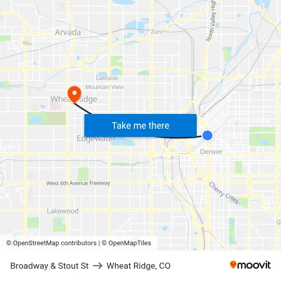Broadway & Stout St to Wheat Ridge, CO map