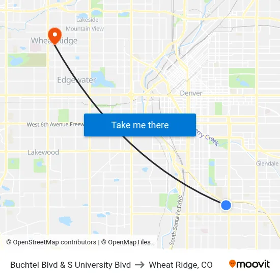 Buchtel Blvd & S University Blvd to Wheat Ridge, CO map