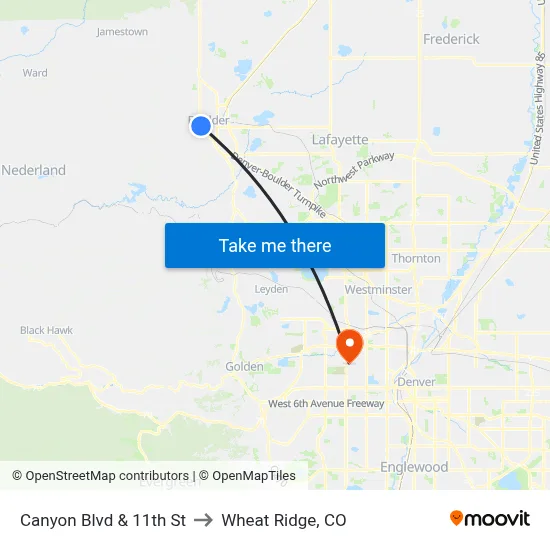 Canyon Blvd & 11th St to Wheat Ridge, CO map