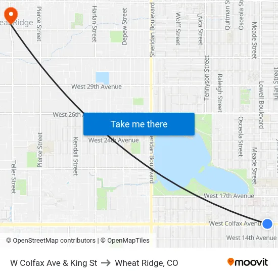 W Colfax Ave & King St to Wheat Ridge, CO map