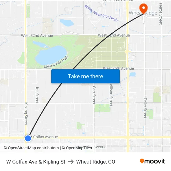 W Colfax Ave & Kipling St to Wheat Ridge, CO map