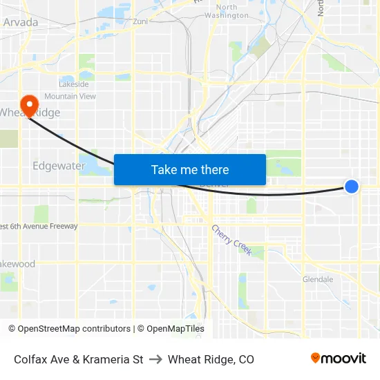 Colfax Ave & Krameria St to Wheat Ridge, CO map
