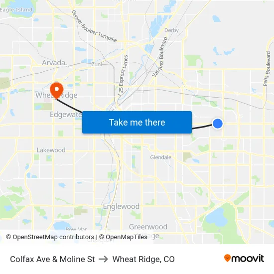 Colfax Ave & Moline St to Wheat Ridge, CO map