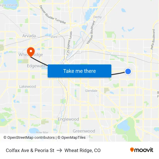 Colfax Ave & Peoria St to Wheat Ridge, CO map