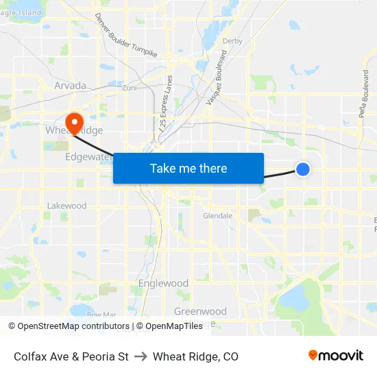 Colfax Ave & Peoria St to Wheat Ridge, CO map