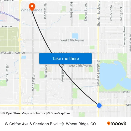 W Colfax Ave & Sheridan Blvd to Wheat Ridge, CO map