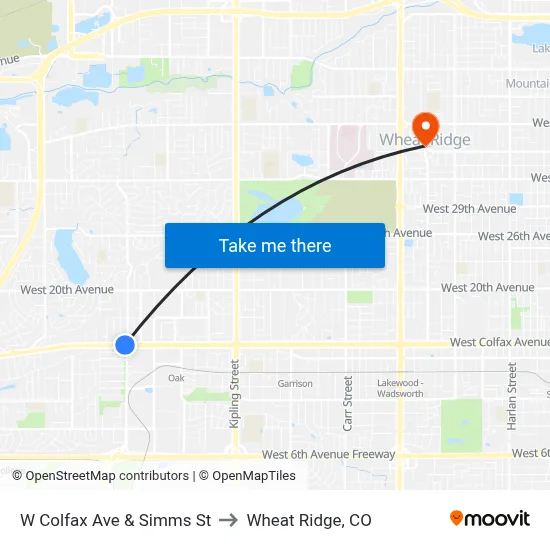 W Colfax Ave & Simms St to Wheat Ridge, CO map