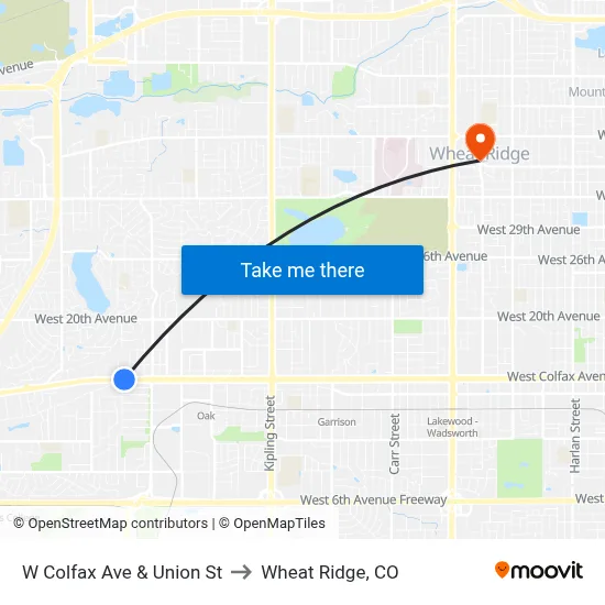 W Colfax Ave & Union St to Wheat Ridge, CO map