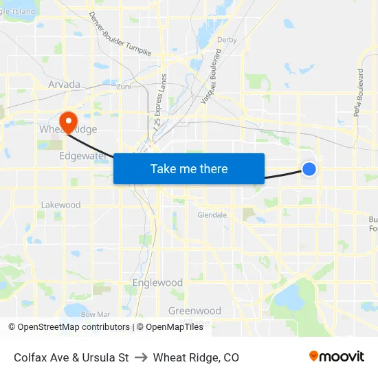 Colfax Ave & Ursula St to Wheat Ridge, CO map