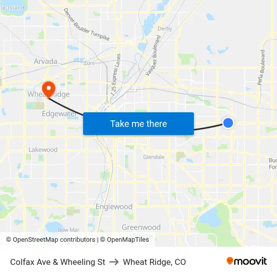 Colfax Ave & Wheeling St to Wheat Ridge, CO map
