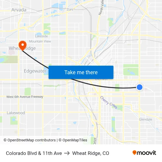 Colorado Blvd & 11th Ave to Wheat Ridge, CO map