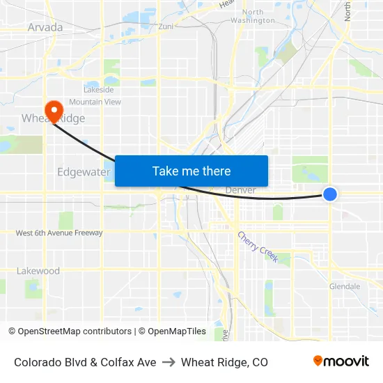 Colorado Blvd & Colfax Ave to Wheat Ridge, CO map