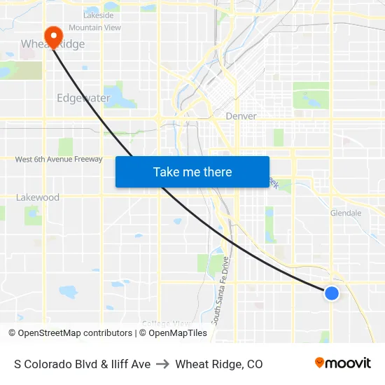S Colorado Blvd & Iliff Ave to Wheat Ridge, CO map
