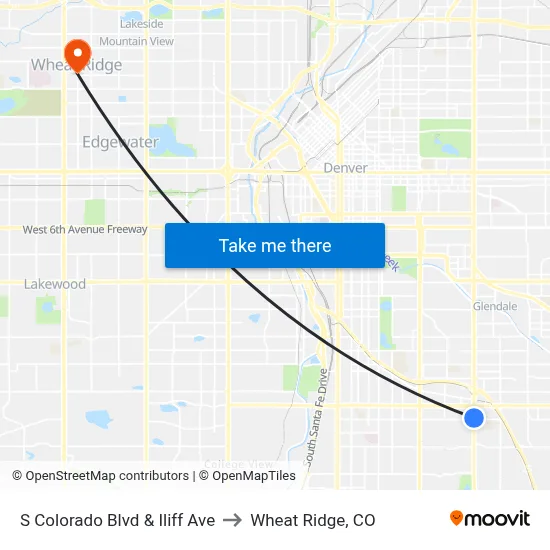 S Colorado Blvd & Iliff Ave to Wheat Ridge, CO map
