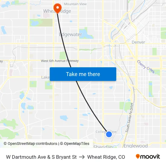 W Dartmouth Ave & S Bryant St to Wheat Ridge, CO map