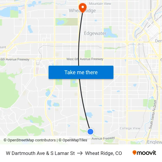 W Dartmouth Ave & S Lamar St to Wheat Ridge, CO map