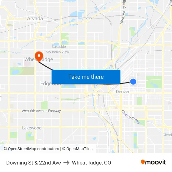Downing St & 22nd Ave to Wheat Ridge, CO map
