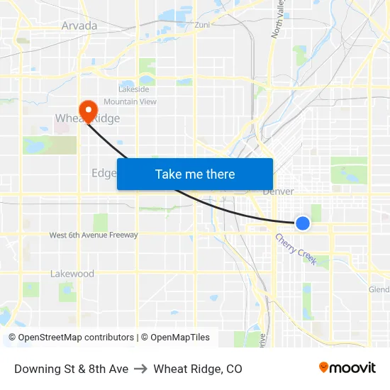 Downing St & 8th Ave to Wheat Ridge, CO map