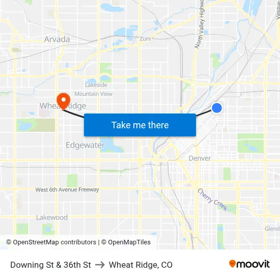 Downing St & 36th St to Wheat Ridge, CO map