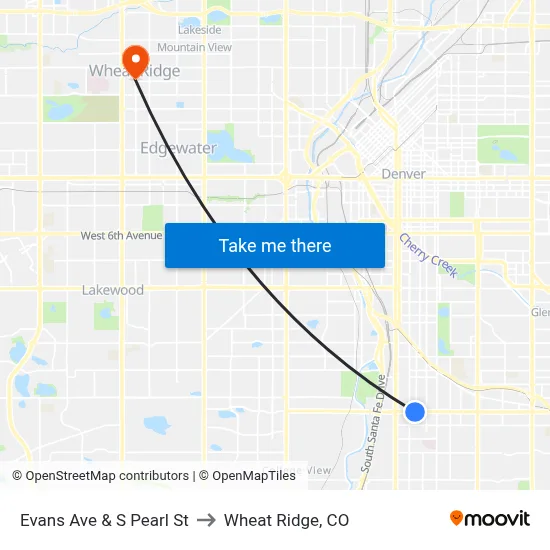 Evans Ave & S Pearl St to Wheat Ridge, CO map