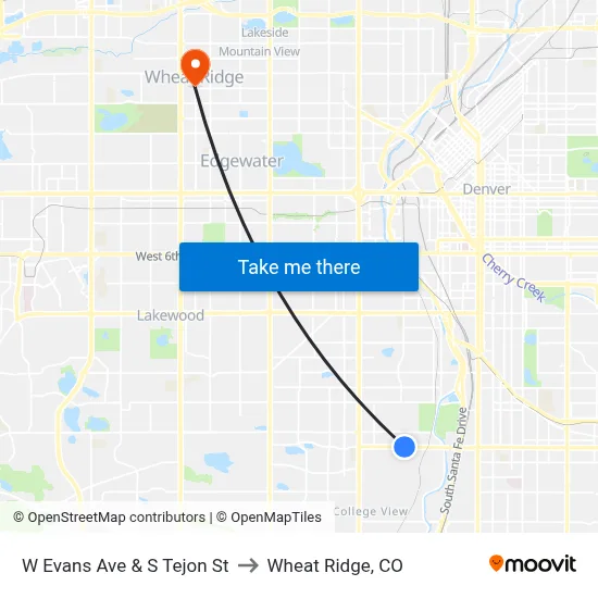 W Evans Ave & S Tejon St to Wheat Ridge, CO map