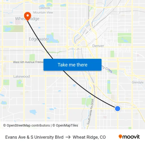 Evans Ave & S University Blvd to Wheat Ridge, CO map