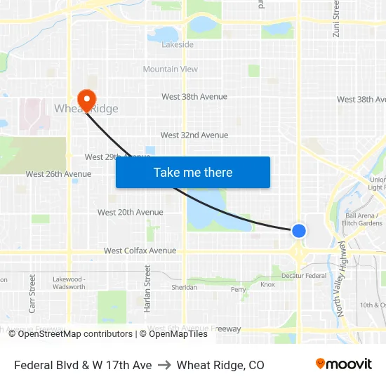 Federal Blvd & W 17th Ave to Wheat Ridge, CO map