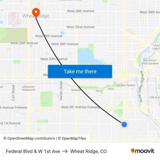 Federal Blvd & W 1st Ave to Wheat Ridge, CO map