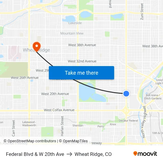 Federal Blvd & W 20th Ave to Wheat Ridge, CO map