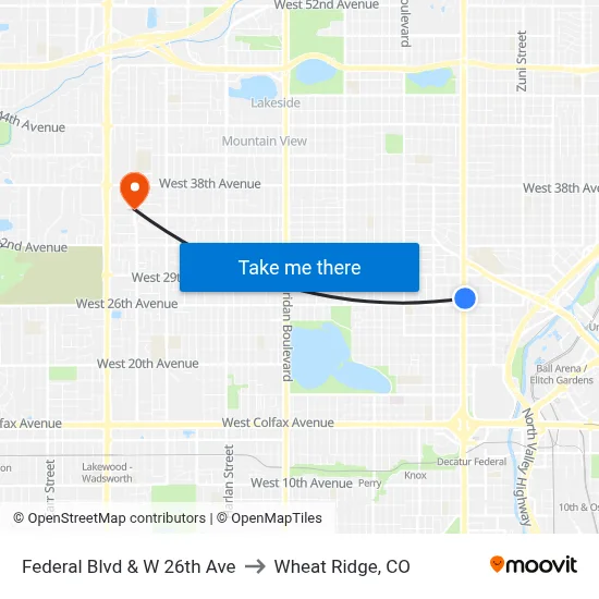 Federal Blvd & W 26th Ave to Wheat Ridge, CO map