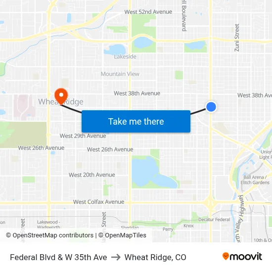 Federal Blvd & W 35th Ave to Wheat Ridge, CO map