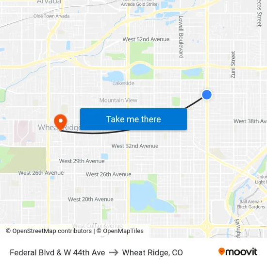 Federal Blvd & W 44th Ave to Wheat Ridge, CO map